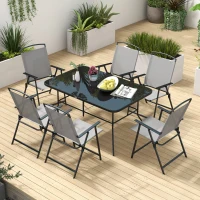 Outsunny Conjunto de Refeição de 7 Peças com 6 Cadeiras Dobráveis e Mesa com Orifício para Chapéu de Sol para Terraço Exterior Cinza(m-7)