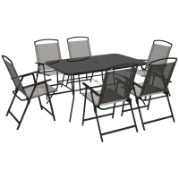 Outsunny Conjunto de Refeição de 7 Peças com 6 Cadeiras Dobráveis e Mesa com Orifício para Chapéu de Sol para Terraço Exterior Cinza(m-10)