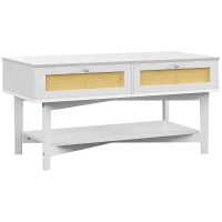 HOMCOM Mesa de Centro com 2 Gavetas Decorativas de Vime e Prateleira Inferior para Sala de Estar Escritório 100x50x50 cm Branco(m-10)