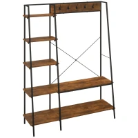 HOMCOM Clothes Rail, Metal Clothes Rack with Shoe Rack, 5 Tier Storage Shelves, 5 Side Hooks, Coat Stand for Bedroom, Living Room, Hallway, Rustic Brown and Black(m-1)