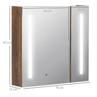 Kleankin Oglindă de Baie cu Lumini LED Reglabile, Dulap de Baie cu 2 Uși cu Oglindă și Raft Reglabil, 70x15x65 cm, Maro(m-3)