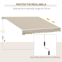 Outsunny Copertină pentru Exterior, Copertină Rulantă pentru Uși și Ferestre cu Deschidere cu Manivelă, 360x250 cm, Cremă(m-6)