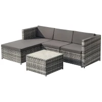 Set da Giardino in Polyrattan con Divano ad Angolo, Tavolino con Piano in Vetro e Cuscini, Grigio(m-9)