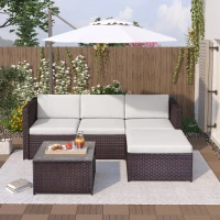 Set Salotto da Giardino in Poly rattan con Divano ad Angolo, Tavolino con Piano in Vetro e Cuscini, Marrone(m-1)