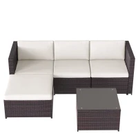 Set Salotto da Giardino in Poly rattan con Divano ad Angolo, Tavolino con Piano in Vetro e Cuscini, Marrone(m-2)