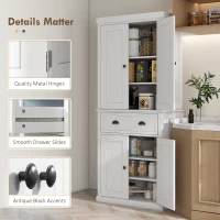 HOMCOM 183cm Freestanding Kitchen Cupboard, Tall Storage Cabinet with 4 Doors and 3 Adjustable Shelves, Traditional Kitchen Pantry Cupboard for Dining Room, White(m-7)