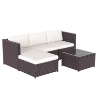 Set Salotto da Giardino in Poly rattan con Divano ad Angolo, Tavolino con Piano in Vetro e Cuscini, Marrone(m-10)