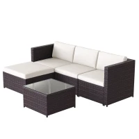 Set Salotto da Giardino in Poly rattan con Divano ad Angolo, Tavolino con Piano in Vetro e Cuscini, Marrone(m-9)