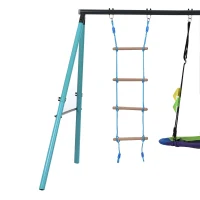 Set Gioco da Giardino per Bambini 3-8 Anni con Altalena Nido, Scala da Arrampicata, Rete e Dondolo, Struttura in Metallo, Blu(m-8)