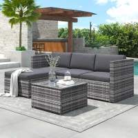 Set da Giardino in Polyrattan con Divano ad Angolo, Tavolino con Piano in Vetro e Cuscini, Grigio(m-7)