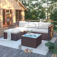 Set Salotto da Giardino in Poly rattan con Divano ad Angolo, Tavolino con Piano in Vetro e Cuscini, Marrone(m-8)