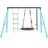 Set Gioco da Giardino per Bambini 3-8 Anni con Altalena Nido, Scala da Arrampicata, Rete e Dondolo, Struttura in Metallo, Blu(m-9)