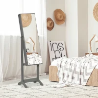 HOMCOM Full Length Mirror with Storage, Jewellery Cabinet with Mirror, Adjustable Angle and Stand, Lockable Jewellery Organiser for Bedroom Dressing Room, Grey(m-10)