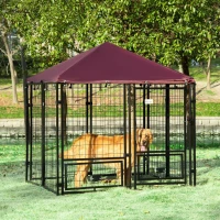 PawHut Parque para Cães com 8 Painéis 2 Suportes Giratórios para Comida 2 Tigelas e Toldo Impermeável 141x141x153 cm Preto e Vermelho(m-2)