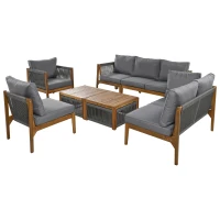 Set Lounge da Giardino per 7-8 Persone con Divano, Tavoli e Cuscini, Rivestimento Lavabile, Design in Corda, Legno Naturale e Grigio(m-4)