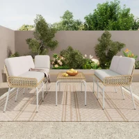 Set Salotto da Giardino in Polyrattan per 4-5 Persone con Divano ad Angolo, Tavolino in Vetro Temperato e Cuscini, Grigio Chiaro+Naturale(m-7)