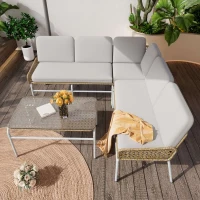 Set Salotto da Giardino in Polyrattan per 4-5 Persone con Divano ad Angolo, Tavolino in Vetro Temperato e Cuscini, Grigio Chiaro+Naturale(m-8)