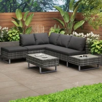 Set da Giardino 4 Pezzi in Poli-Rattan per 4-5 Persone con Divano ad Angolo, Tavolo e Cuscini, Rivestimenti Lavabili, Grigio(m-7)