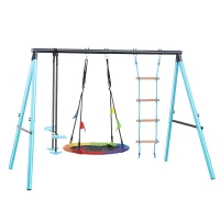 Set Gioco da Giardino per Bambini 3-8 Anni con Altalena Nido, Scala da Arrampicata, Rete e Dondolo, Struttura in Metallo, Blu(m-2)