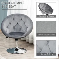 HOMCOM Swivel Dressing Stool, Velvet-feel Upholstered Vanity Chair, Adjustable Height Tub Makeup Chair with Button Tufting and Thick Padding, Breakfast Dining Chair, Grey(m-4)