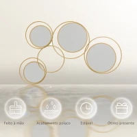 HOMCOM Espelho Decorativo de Parede em Metal 3D Decoração de Parede Metálica com 4 Espelhos Redondos para Corredor 110x68 cm Dourado(m-6)