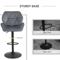 HOMCOM Bar Stools Set of 2, Swivel Velvet-feel Barstools with Wide Seat, Adjustable Height and Footrest, Breakfast Bar Chairs for Kitchen, Dining Room, Grey(m-5)