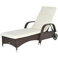 Outsunny Sonnenliege Polyrattan Gartenliege mit 5-Fach verstellbarer Rücklehne, Polsterauflage, Rollen, Kissen, 160 kg belastbar Relaxliege Liegestuhl für Garten, 200x73x30-103cm, Kaffeebraun(m-10)