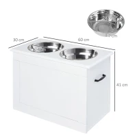 PawHut Comedouro Elevado para Cães com 2 Tigelas de Aço Inoxidável e Espaço de Armazenamento Oculto 60x30x41 cm Branco(m-3)