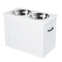 PawHut Comedouro Elevado para Cães com 2 Tigelas de Aço Inoxidável e Espaço de Armazenamento Oculto 60x30x41 cm Branco(m-11)