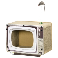 PawHut Arranhador de Cartão para Gatos Casa para Gatos em Forma de Televisor com Rato de Brinquedo 43x23x32,5 cm Areia