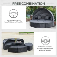 Outsunny 4 Pieces PE Rattan Garden Daybed Set, Outdoor Wicker Cushioned Round Sofa Bed Conversation Furniture with Coffee Table & Canopy, Black(m-7)