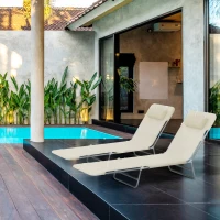 Outsunny Set de 2 Sezlonguri pentru Plaja Pliabile cu Spatar Rabatabil pe 5 Niveluri, Sezlong de Gradina din Otel si Tesatura Plasa, Bej(m-11)