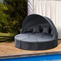 Outsunny 4 Pieces PE Rattan Garden Daybed Set, Outdoor Wicker Cushioned Round Sofa Bed Conversation Furniture with Coffee Table & Canopy, Black(m-10)