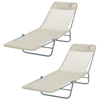 Outsunny Set de 2 Sezlonguri pentru Plaja Pliabile cu Spatar Rabatabil pe 5 Niveluri, Sezlong de Gradina din Otel si Tesatura Plasa, Bej(m-10)