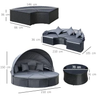 Outsunny 4 Pieces PE Rattan Garden Daybed Set, Outdoor Wicker Cushioned Round Sofa Bed Conversation Furniture with Coffee Table & Canopy, Black(m-3)