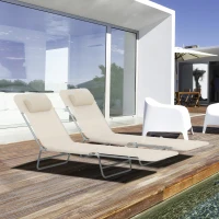 Outsunny Set de 2 Sezlonguri pentru Plaja Pliabile cu Spatar Rabatabil pe 5 Niveluri, Sezlong de Gradina din Otel si Tesatura Plasa, Bej(m-2)