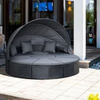 Outsunny 4 Pieces PE Rattan Garden Daybed Set, Outdoor Wicker Cushioned Round Sofa Bed Conversation Furniture with Coffee Table & Canopy, Black(m-2)