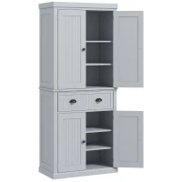 HOMCOM 183cm Freestanding Kitchen Cupboard, Tall Storage Cabinet with 4 Doors and 3 Adjustable Shelves, Traditional Kitchen Pantry Cupboard for Dining Room, Grey(m-11)