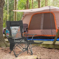 Outsunny Scaun pliant pentru camping cu spatar inclinabil si suport pentru picioare, scaun pliabil cu suport pentru pahare si buzunar, 58x148x90cm, negru(m-10)