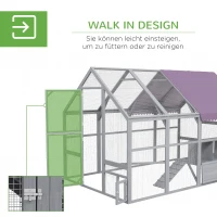 PawHut Kurnik, dom dla kur, buda dla kur, wejście, odporny na warunki pogodowe, 280 x 185,5 x 188 cm, Szary(m-5)