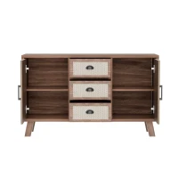 Credenza con Motivo a Spina di Pesce, Tre Cassetti e Due Ante, Gambe in Legno Massello, color Legno Naturale(m-8)