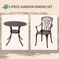 Outsunny 5 Pieces Outdoor Dining Table Set, Cast Aluminium Patio Conversation Furniture Set with 4 Armchairs, a Round Dining Table with Parasol Hole, Brown(m-4)
