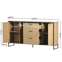 Credenza Moderna in Legno con 3 Cassetti, 2 Ante e Ripiani, per Soggiorno e Cucina, 160x40x85 cm, Nero e Color Legno Naturale(m-3)