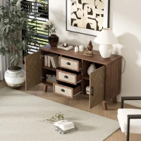Credenza con Motivo a Spina di Pesce, Tre Cassetti e Due Ante, Gambe in Legno Massello, color Legno Naturale(m-6)