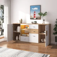 Aparador y Cómoda Moderno con Amplio Espacio de Almacenamiento Iluminación Led 2 Puertas 4 Cajones Estante de Vidrio Natural(m-7)