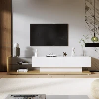 Mobile TV Moderno stile country con colori bianco lucido e legno, pannelli in vetro e illuminazione a LED, Bianco(m-1)
