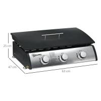 Outsunny Gasbarbecue met Deksel, 3 Branders, Vetopvangbakje, antikleef-plaat, 63x47x25 cm, Zwart/Zilver(m-3)