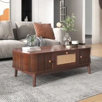 Mesa de Centro de Ratán con Cajones y Puertas de Listones de Madera Maciza Natural(m-7)