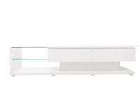 Mobile TV bianco lucido con pavimenti in vetro e illuminazione a L, Bianco(m-2)