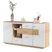 Aparador y Cómoda Moderno con Amplio Espacio de Almacenamiento Iluminación Led 2 Puertas 4 Cajones Estante de Vidrio Natural(m-10)